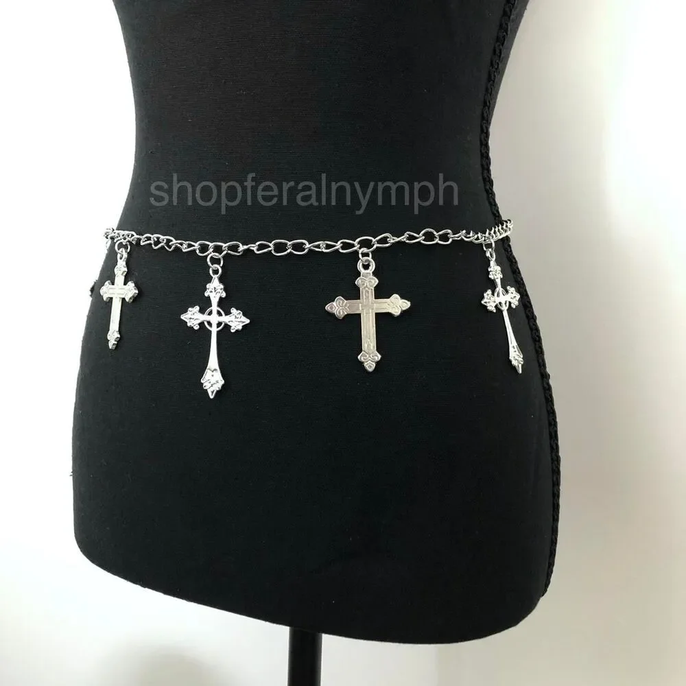 Vintage Y2K Whimsygoth Silver Cross Chain Belt, Fits 19–42 Inches, X7GA1189
